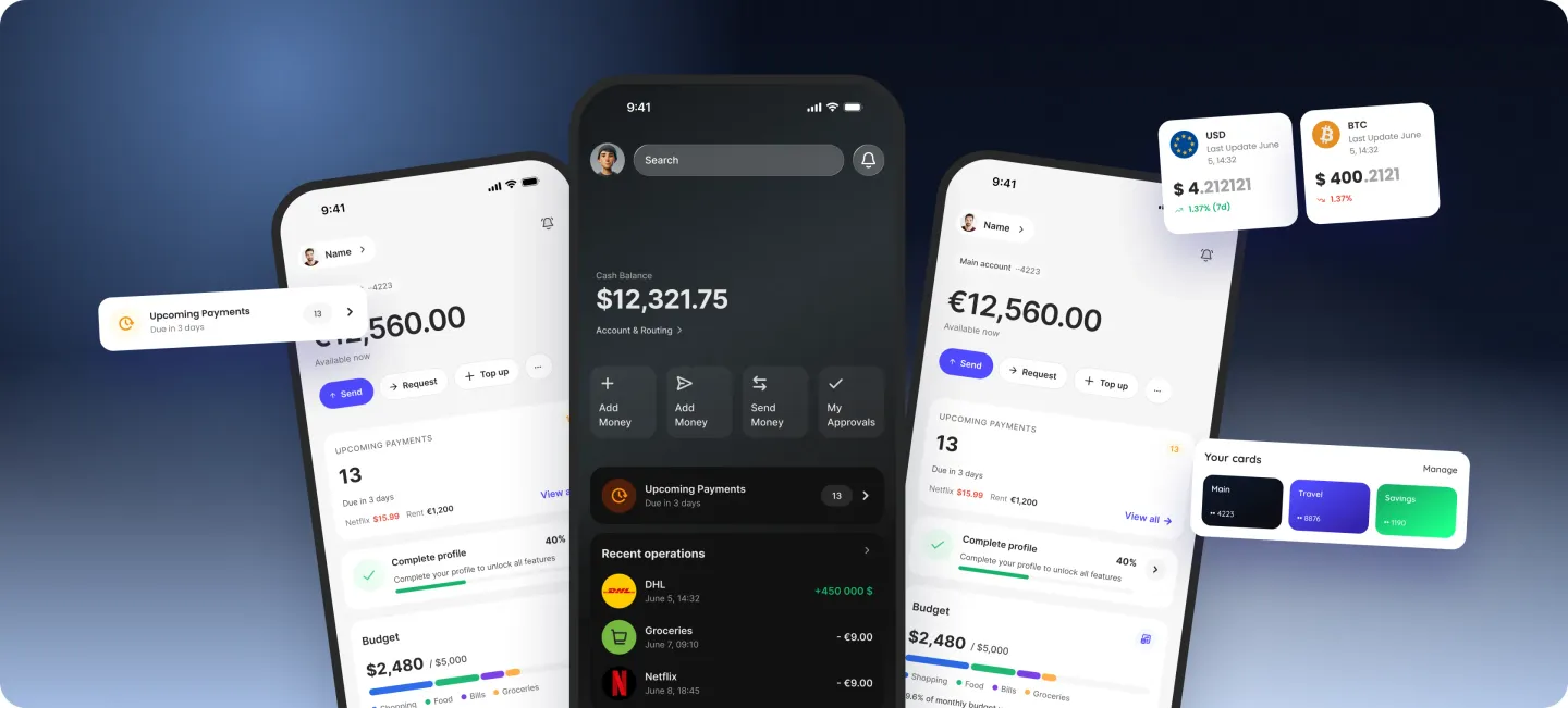 Three phones running the retail app in light and dark, with rate cards, an upcoming payments row and a cards widget floating beside them