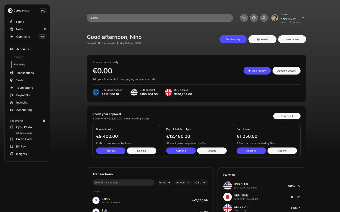 The retail web dashboard: accounts, balances and payments waiting for approval