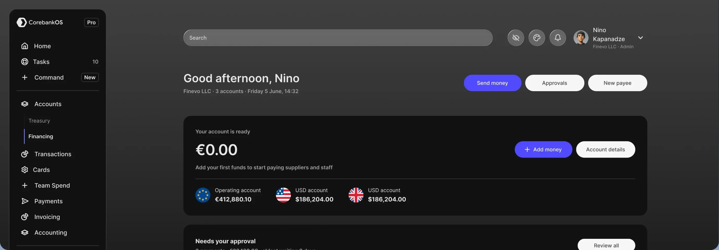 CorebankOS business web banking: the dashboard of Finevo LLC, with its accounts and payments waiting for approval