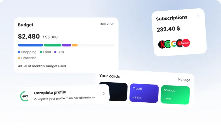 Four home-screen widgets: a budget with category bars, subscriptions, your cards and a complete-profile prompt
