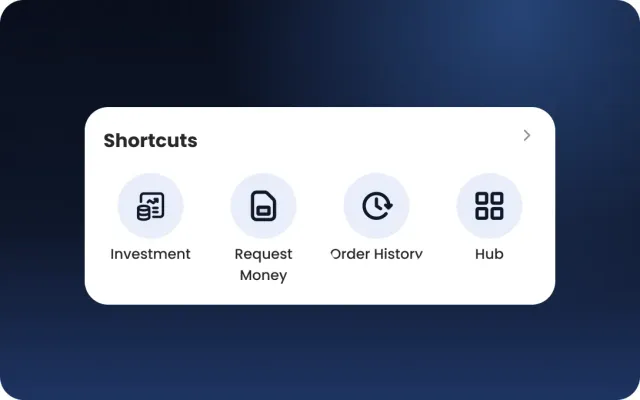 The Shortcuts widget: investment, request money, order history and hub
