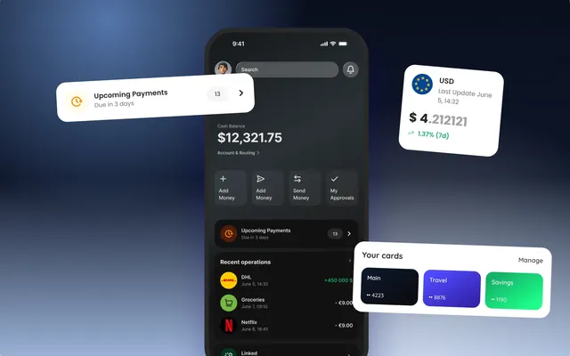 A dark-mode business banking app with its upcoming payments, USD rate and cards widgets