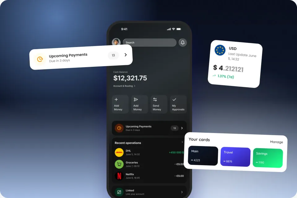 A dark-mode business banking app with its upcoming payments, USD rate and cards widgets