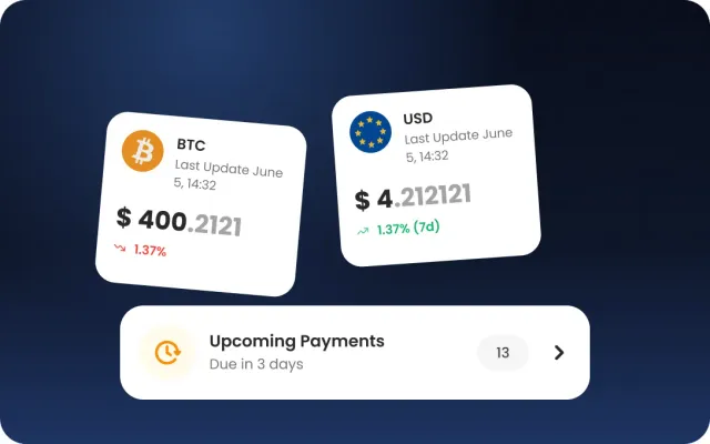 BTC and USD rate cards above an upcoming payments row
