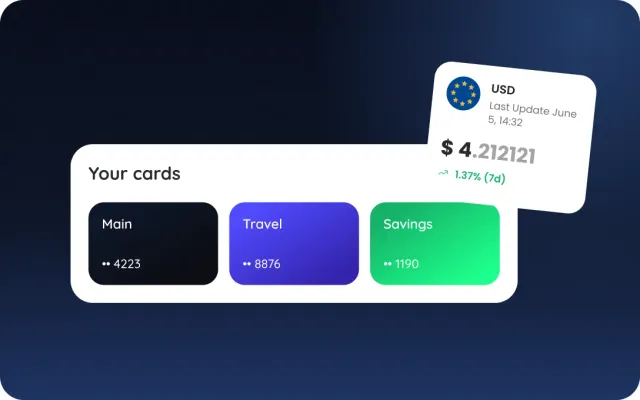 The Your cards widget with Main, Travel and Savings cards beside a USD rate