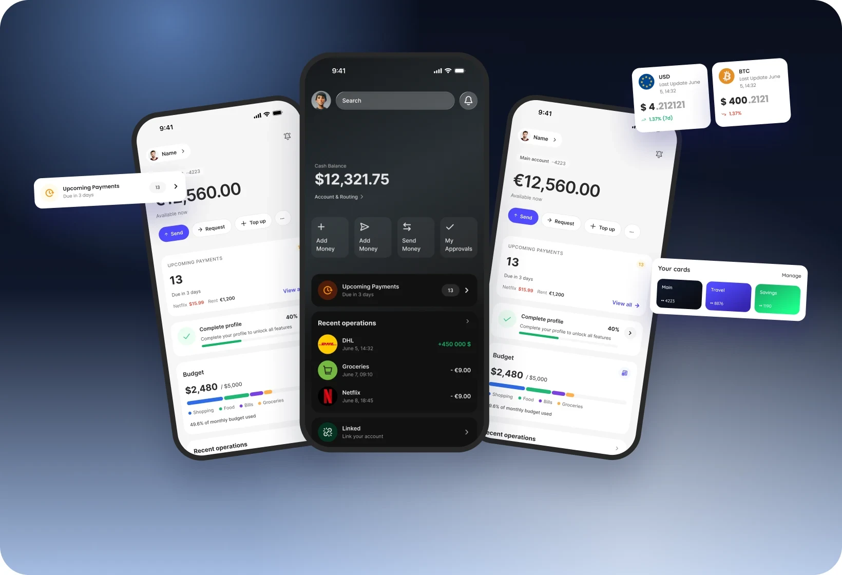 Three CorebankOS apps, retail and business, with their home-screen widgets