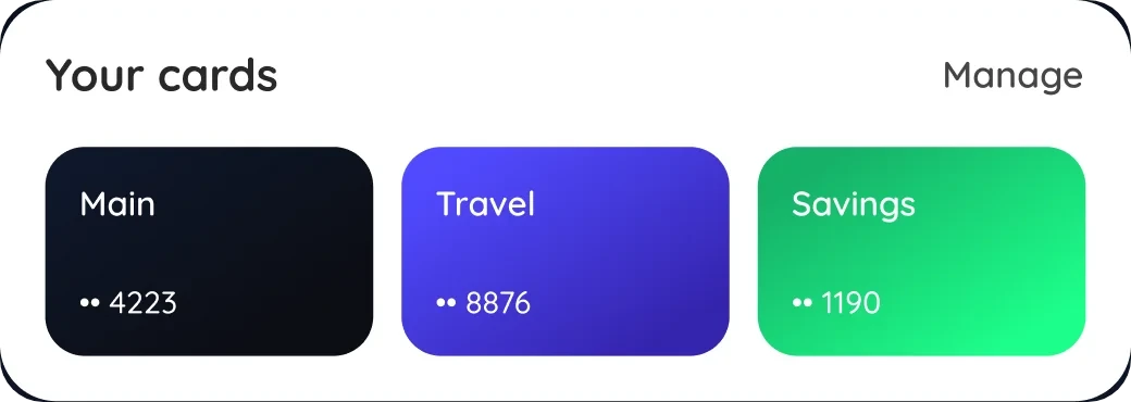 Your cards: Main ending 4223, Travel ending 8876 and Savings ending 1190